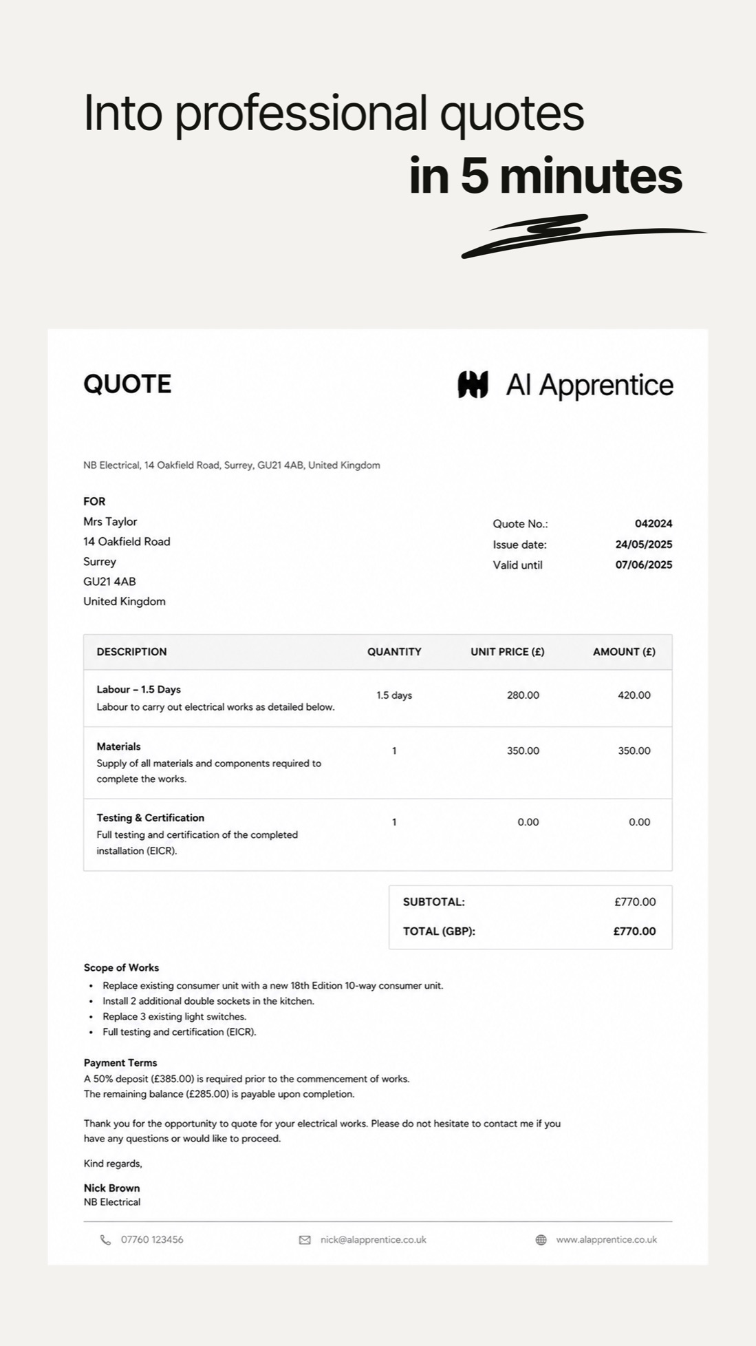 The same job as a clean, professional itemised quote